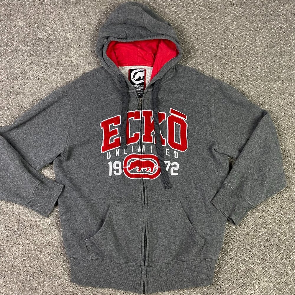 Vintage Ecko Unltd Hoodie Men's XL Fit like Medium Gray Full Zip Y2K